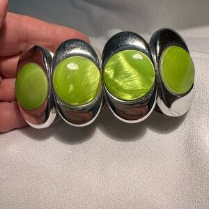 Chunky Silver-tone Stretch Bracelet with Lime Green Inlays